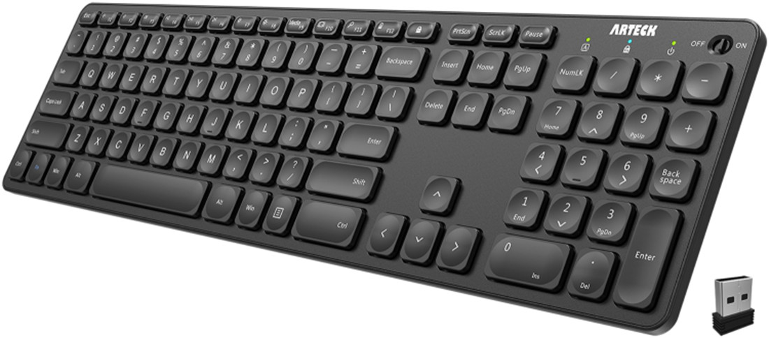 Arteck HW305-3 2.4G Wireless Keyboard Ultra Slim Full Size Keyboard with Numeric Keypad and Media Hotkey for Computer/Desktop/PC/Laptop/Surface/Smart TV and Windows 10/8/ 7 Built-in Rechargeable Battery