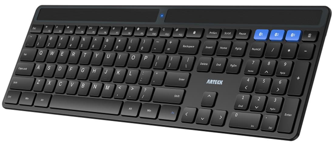 Arteck HB382 Solar Bluetooth Keyboard, Universal Multi-Device Full Size Wireless Keyboard for Windows iOS Android Computer Desktop PC Laptop Surface Tablet Smartphone Rechargeable Battery