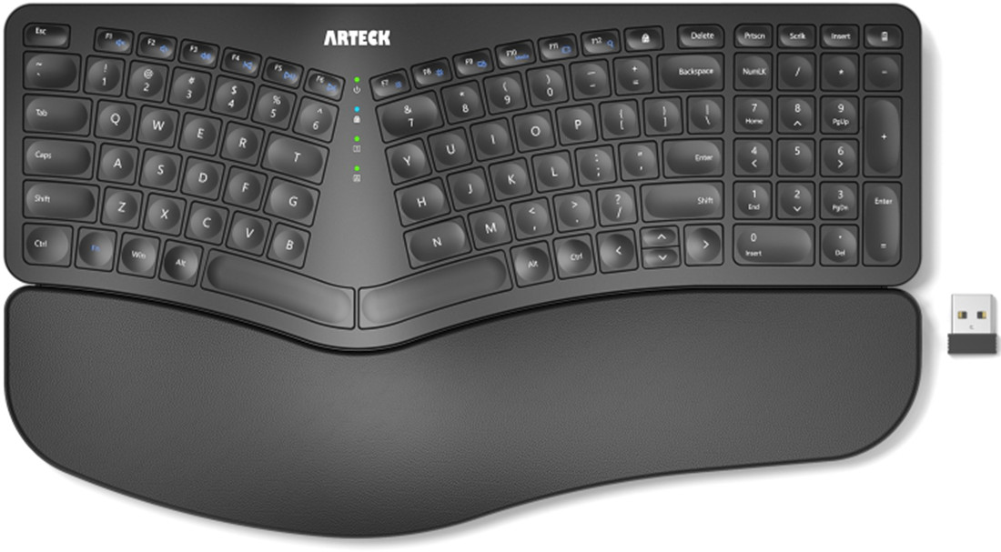 Arteck HW315 Split Ergonomic Keyboard with Cushioned Wrist and Palm Rest, 2.4G USB Wireless Comfortable Natural Ergonomic Split Keyboard, for Windows Computer Desktop Laptop