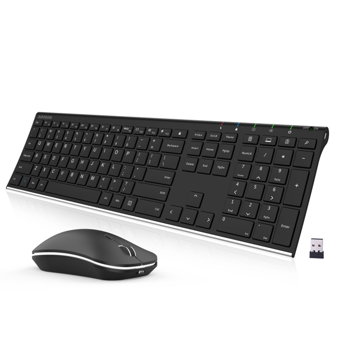 Arteck HW192MW162 2.4G Wireless Keyboard and Mouse Combo Stainless Steel Ultra Slim Full Size Keyboard and Ergonomic Mice for Computer Desktop PC Laptop and Windows 11/10/8 Build in Rechargeable Battery