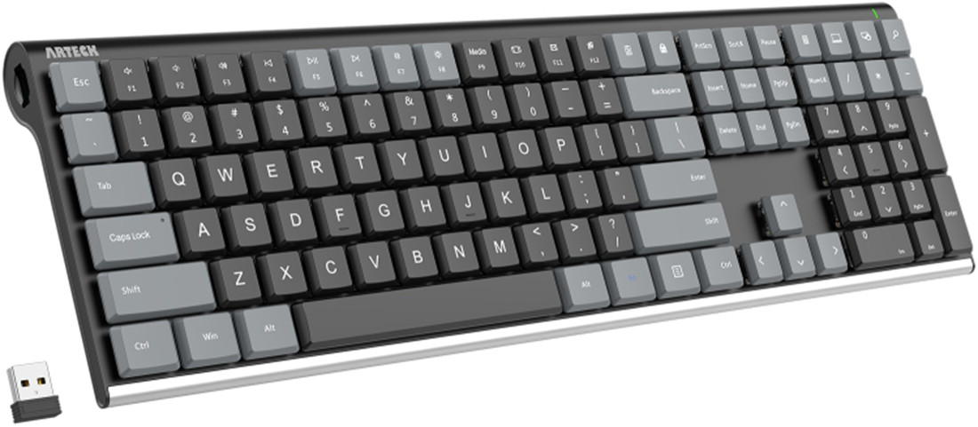 Arteck GW28-3 Mechanical 2.4G USB Wireless Performance Keyboard, Tacktile Quiet Brown Switches, Stainless Steel Low Profile for PC/Desktop/Laptop/TV and Windows 11/10 Built in Rechargeable Battery Gray